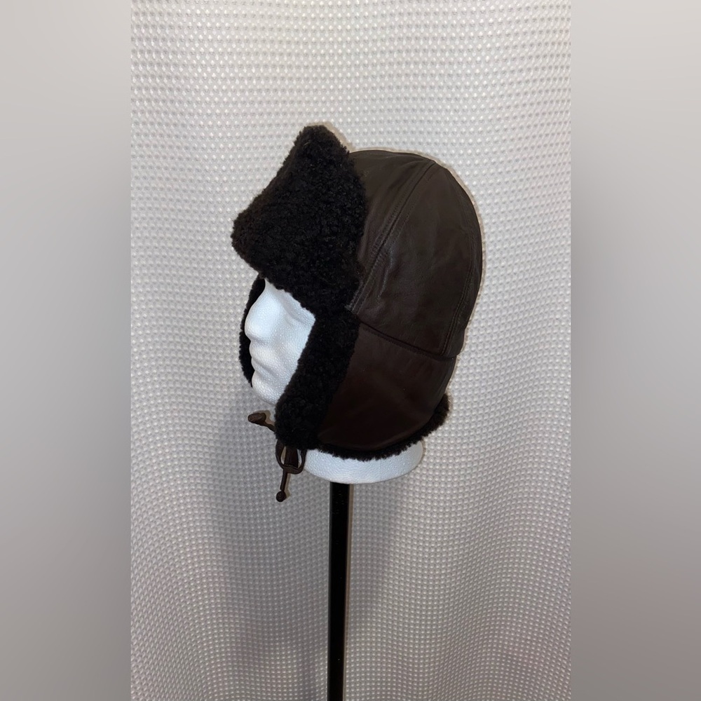 Men’s CROWNCAP dark brown shearling & leather Aviator winter hat‎ sz Medium